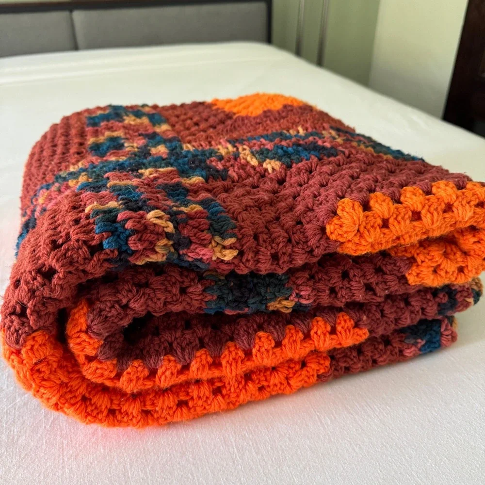 Vintage Handmade Crochet Granny Square Afghan Knit Throw Blanket Orange Maroon